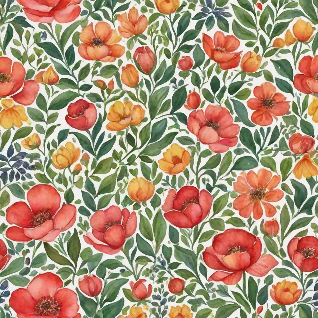 a painting of red and yellow flowers on a white background with green leaves and flowers on the side of the image, arts and crafts movement, a watercolor painting, Annabel Kidston, in gouache detailed paintings