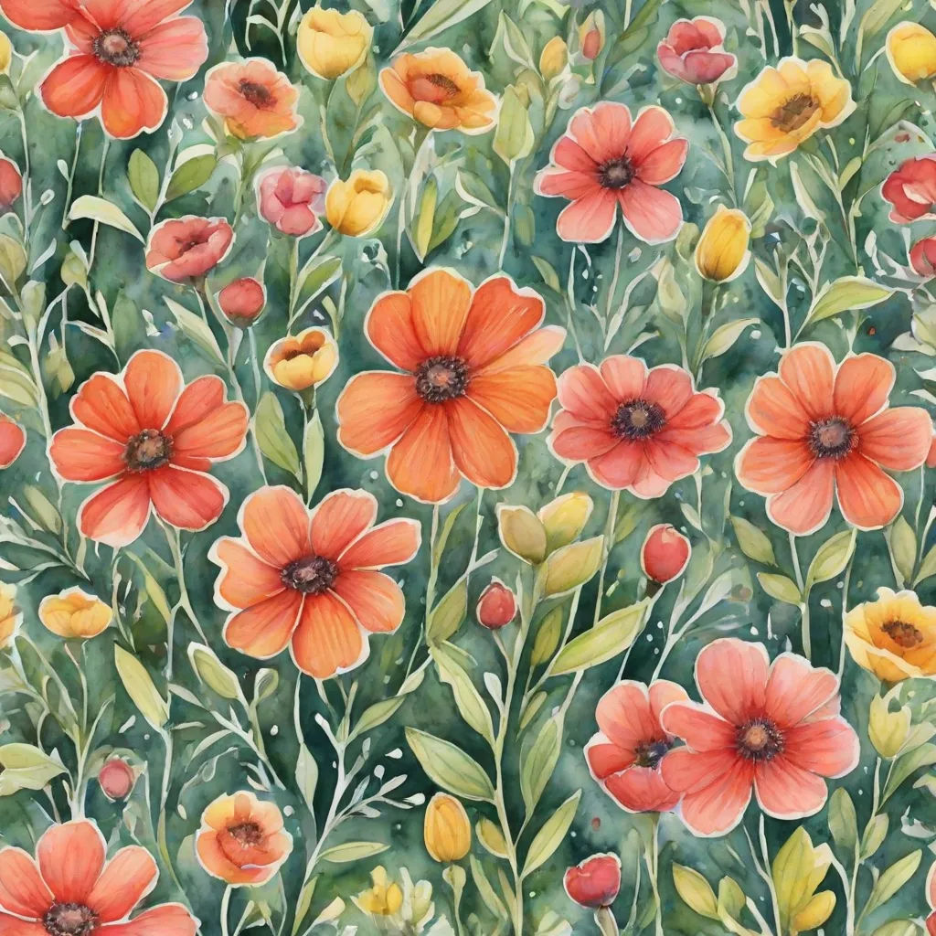 a painting of a field of flowers with green leaves and red flowers on the side of the picture and yellow flowers on the side, arts and crafts movement, a watercolor painting, Annabel Kidston, in gouache detailed paintings