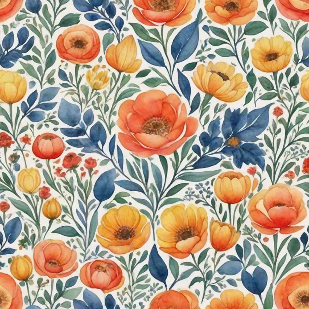 a watercolor painting of orange and blue flowers on a white background with leaves and flowers on the bottom, arts and crafts movement, a watercolor painting, Annabel Kidston, in gouache detailed paintings