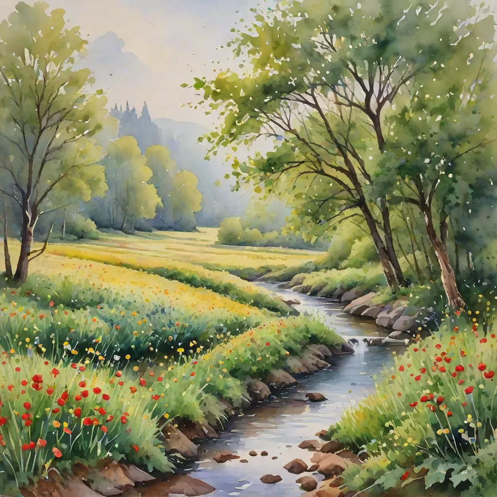 a painting of a stream running through a field of flowers and trees with a forest in the background and a stream running through the grass, american scene painting, an airbrush painting, Alexander Brook, beautiful landscape