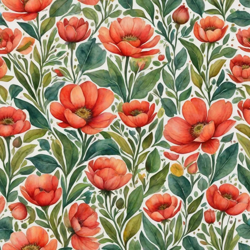 a painting of red flowers and green leaves on a white background with a green stem and leaves on the bottom, arts and crafts movement, a watercolor painting, Annabel Kidston, in gouache detailed paintings