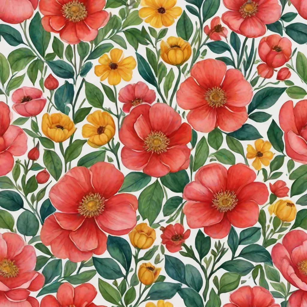 a painting of red and yellow flowers on a white background with green leaves and flowers on the bottom of the image, arts and crafts movement, a watercolor painting, Annabel Kidston, in gouache detailed paintings