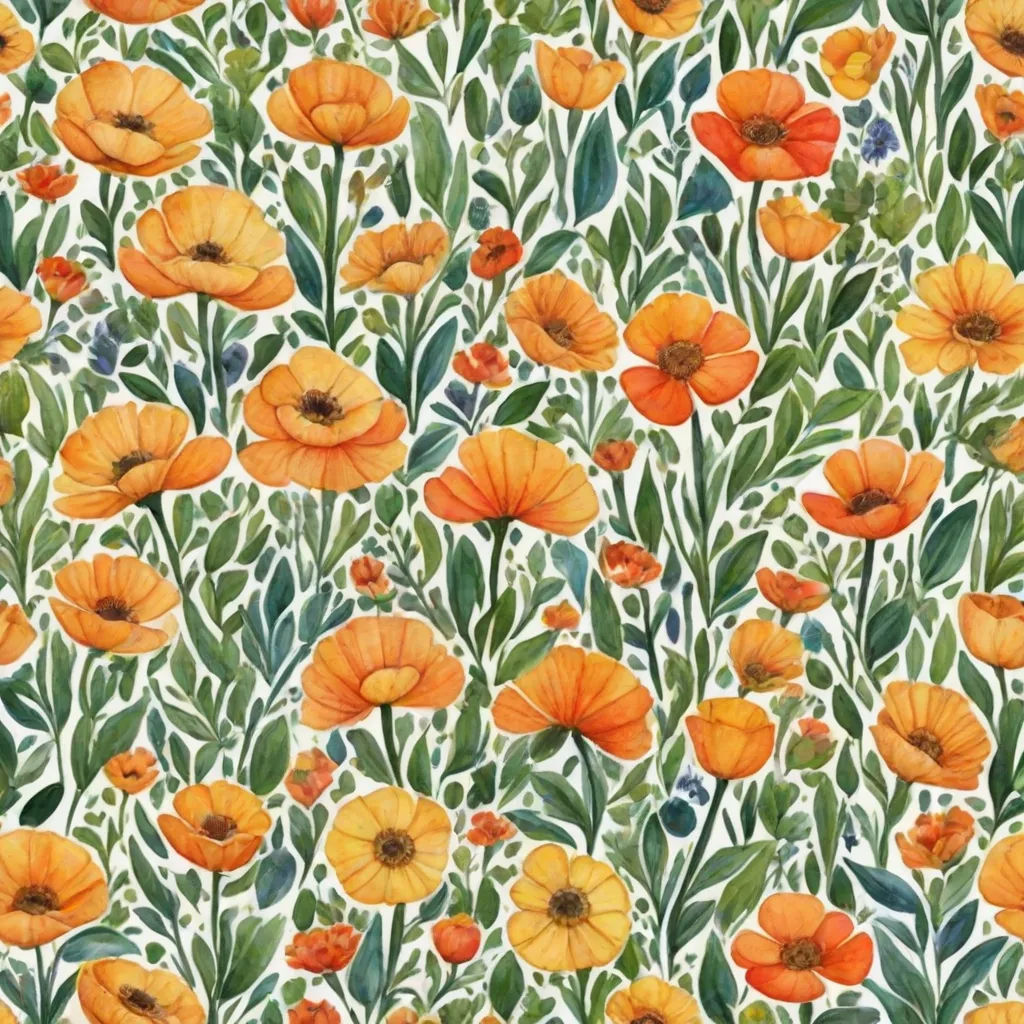 a painting of orange flowers and green leaves on a white background with a green border and a white border, arts and crafts movement, a watercolor painting, Annabel Kidston, flowers