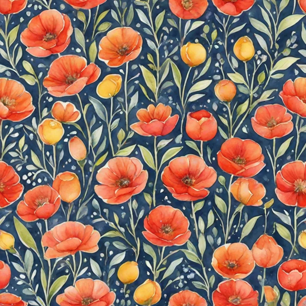 a painting of red flowers on a blue background with leaves and flowers on it, with a blue background, Annabel Kidston, arts and crafts movement, a watercolor painting, in gouache detailed paintings