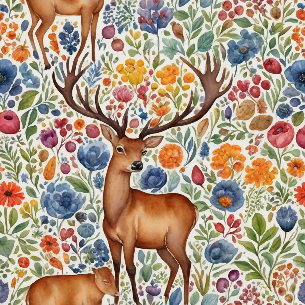 a painting of two deer standing next to each other on a floral background with flowers and leaves on it, folk art, a detailed painting, Annabel Kidston, in gouache detailed paintings