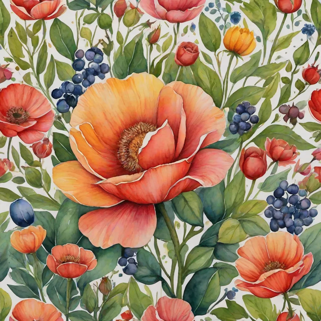 a painting of a flower with many different colors and sizes of flowers on it, and a few berries and leaves, Annabel Kidston, folk art, a watercolor painting, in gouache detailed paintings