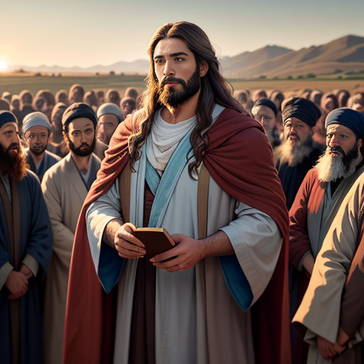a man with a beard and a beard standing in front of a crowd of people wearing robes and holding a book