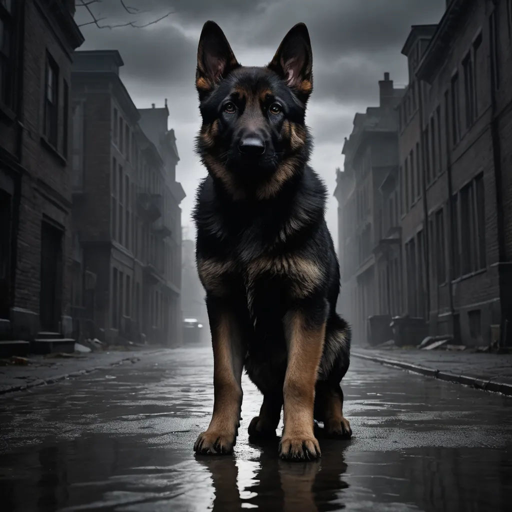 a dog sitting on a wet street in the rain with a dark sky in the background and buildings in the foreground, art photography, a photorealistic painting, Elke Vogelsang, animal photography
