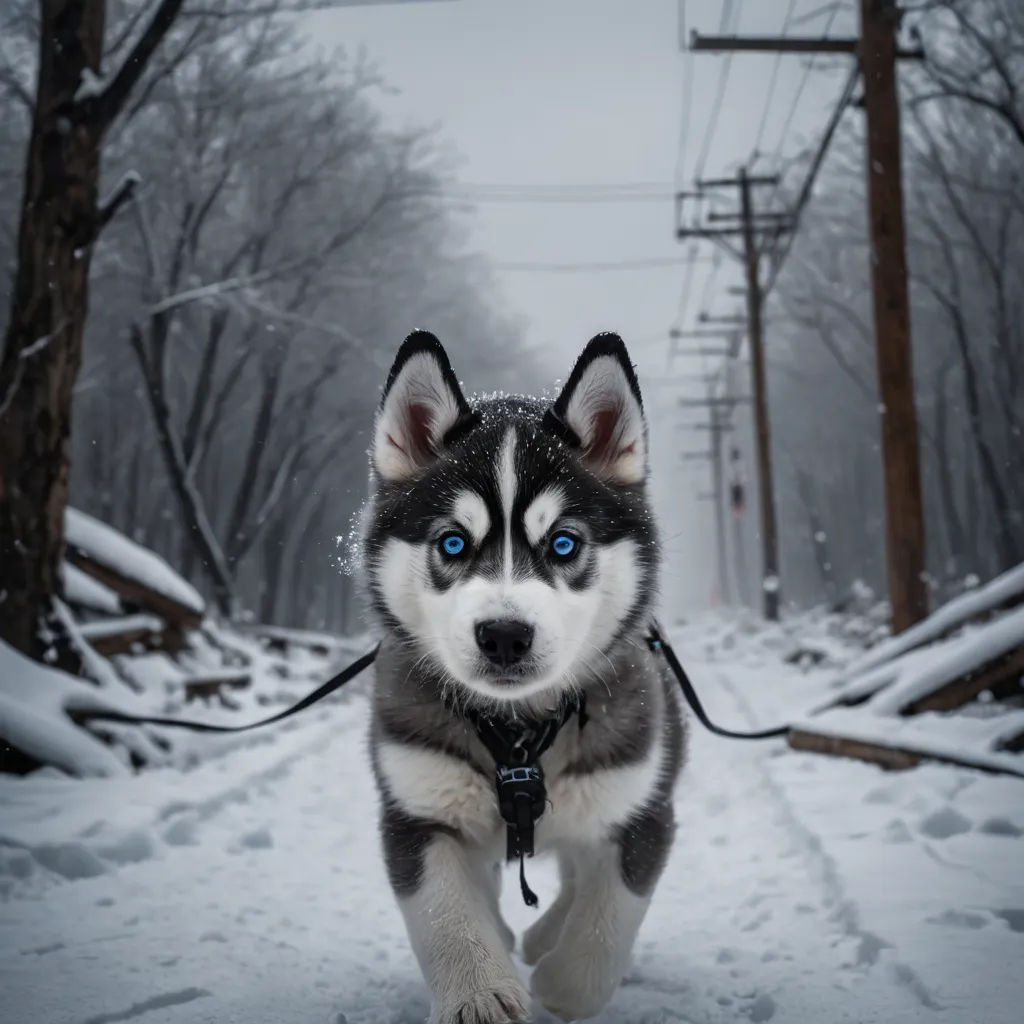 a husky dog with blue eyes running through the snow in a forest with power lines in the background and snow covered ground, art photography, a picture, Caspar Wolf, symmetrical eyes