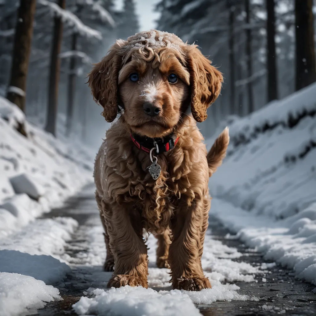 a brown dog standing on a snowy path in the woods with snow on the ground and trees in the background, art photography, a tilt shift photo, Elke Vogelsang, animal photography