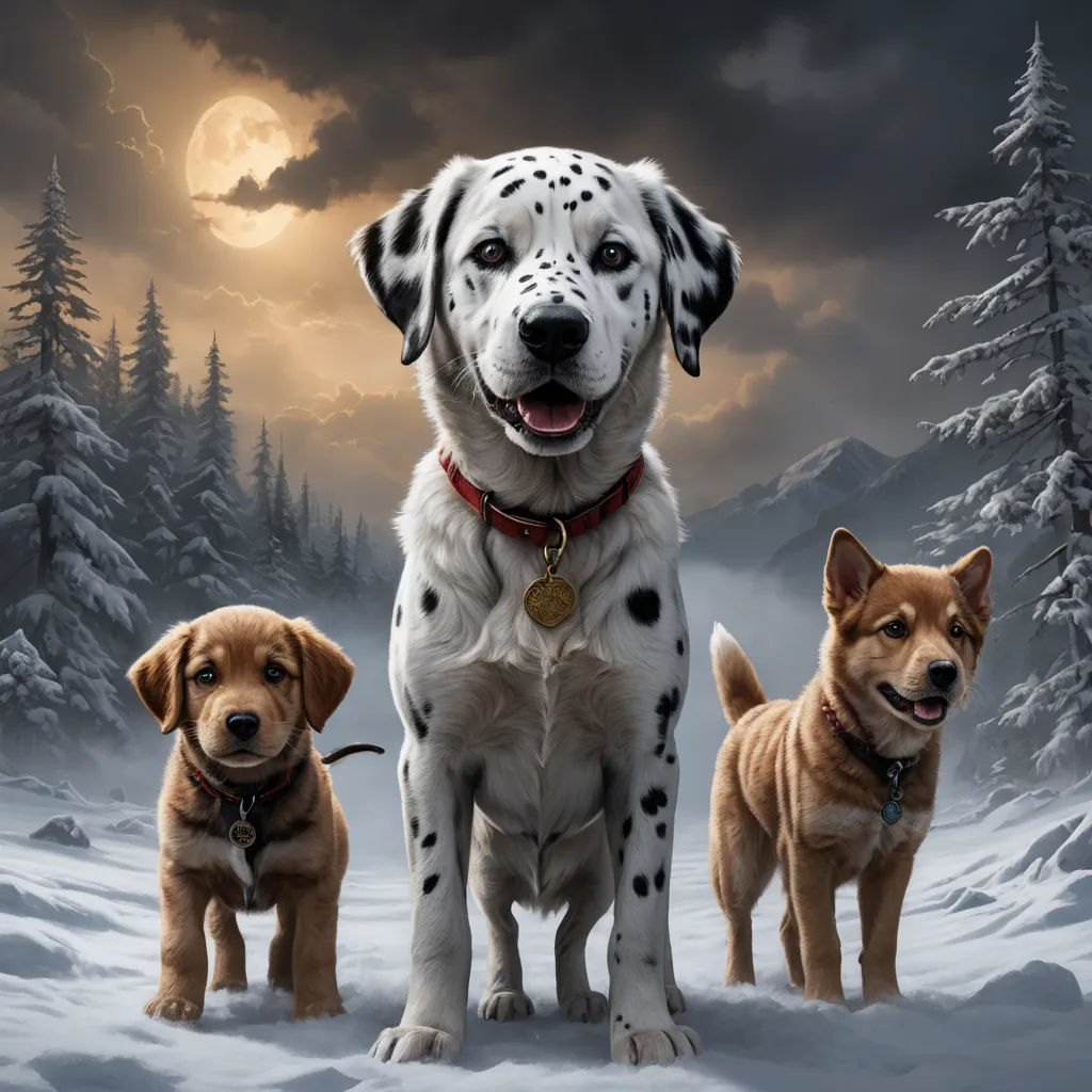 three dogs are standing in the snow with a full moon in the background and trees in the background, and a full moon in the sky, furry art, poster art, Chris LaBrooy, key art