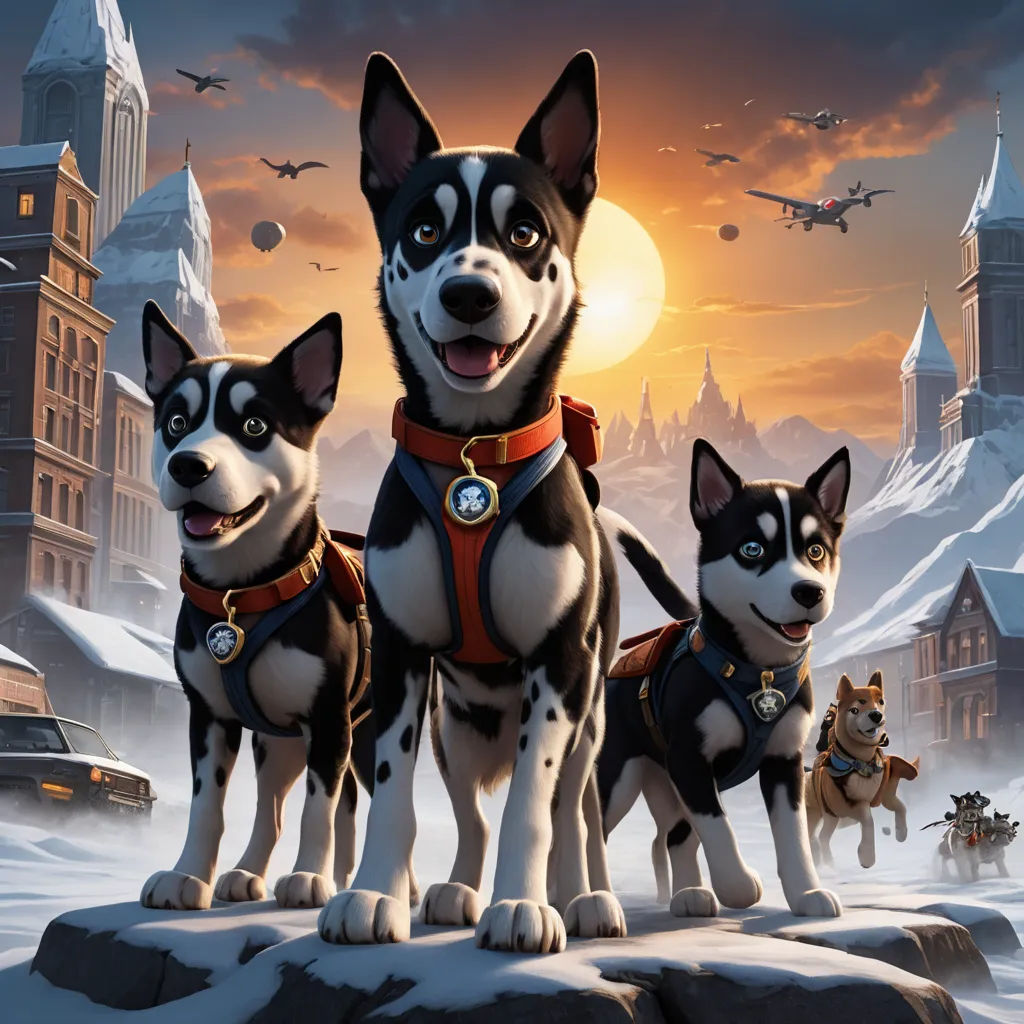 a group of dogs standing on top of a snow covered ground next to a city with a plane flying overhead, sots art, poster art, Chris LaBrooy, key art
