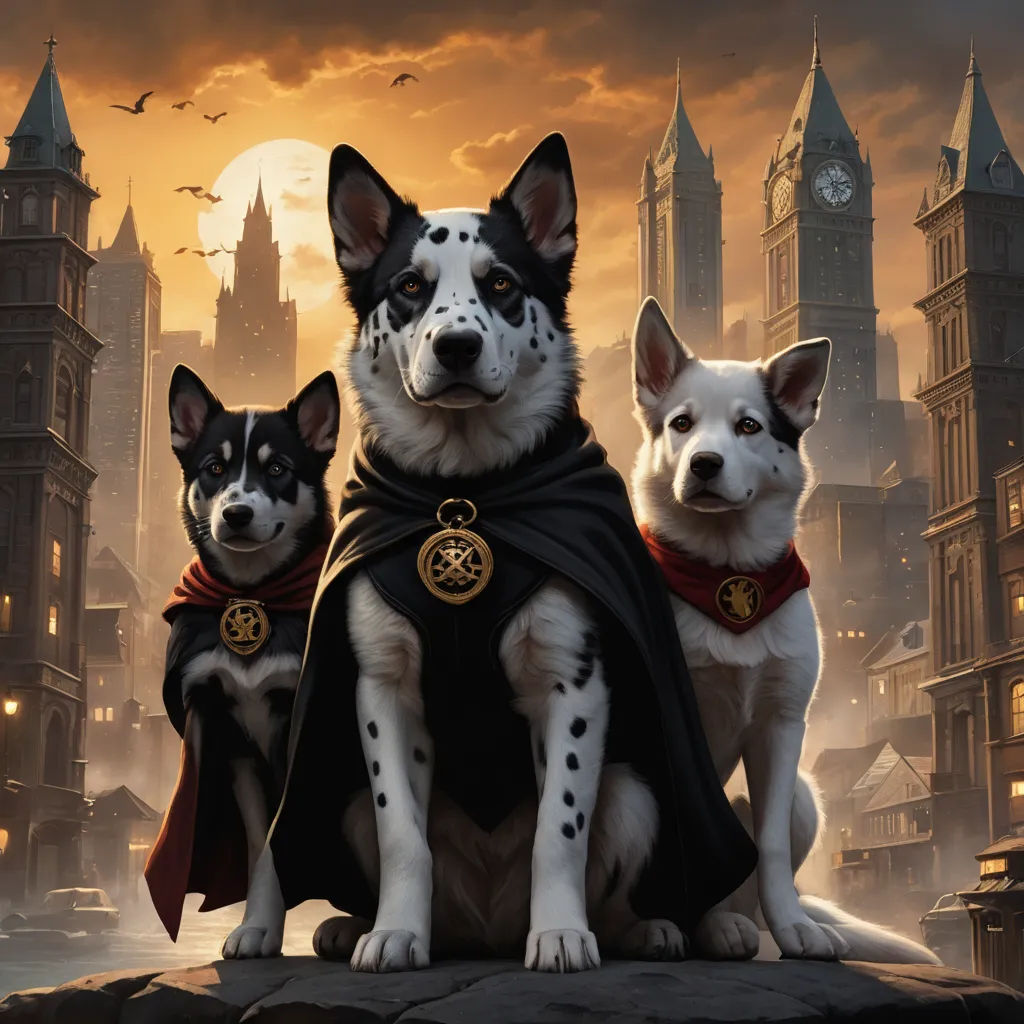 a group of dogs dressed up as a dog in a costume and a dog in a cape sitting on a rock, fantasy art, concept art, Anne Stokes, key art