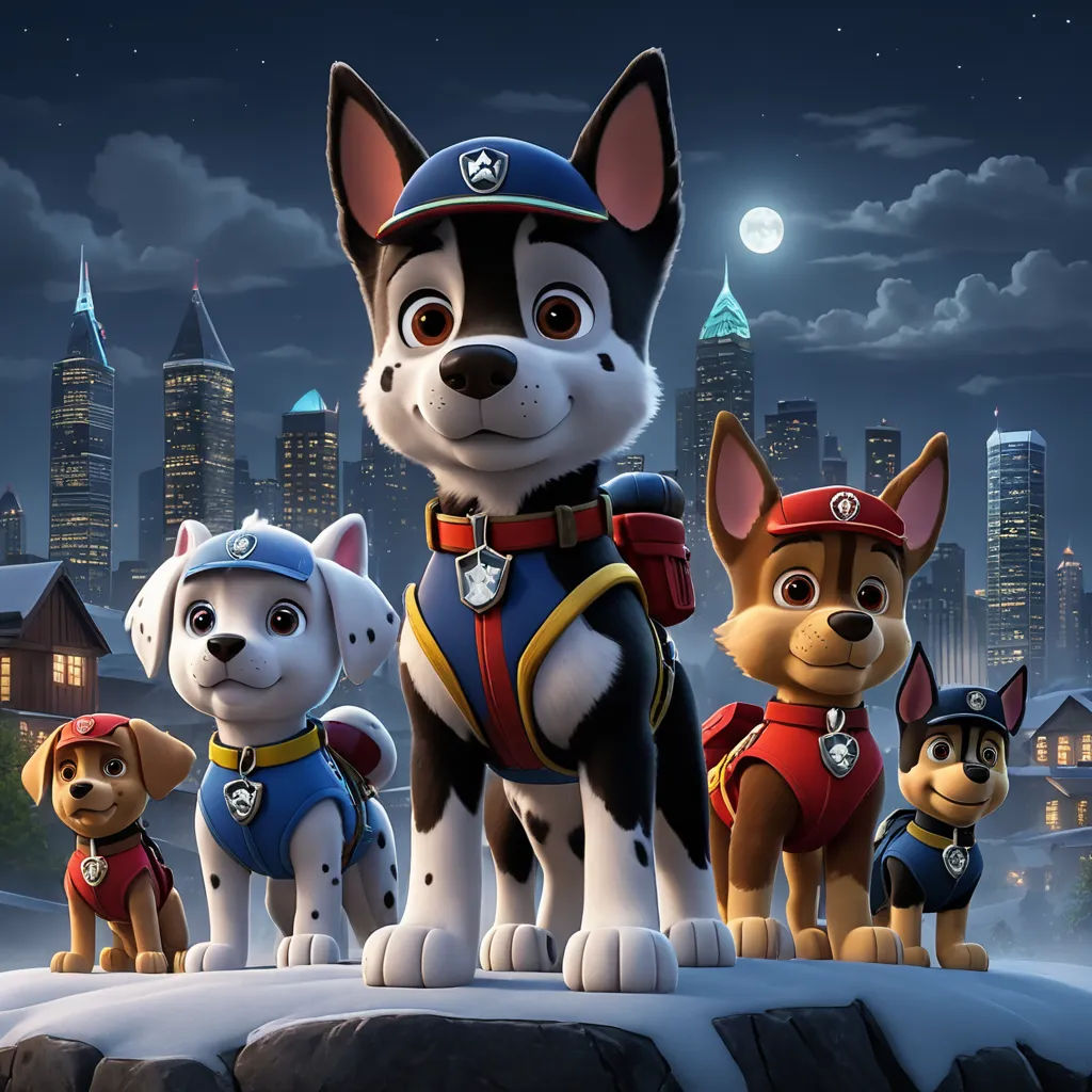 a group of dogs standing on top of a snow covered ground in front of a city at night with a full moon, furry art, poster art, Felix-Kelly, promotional image