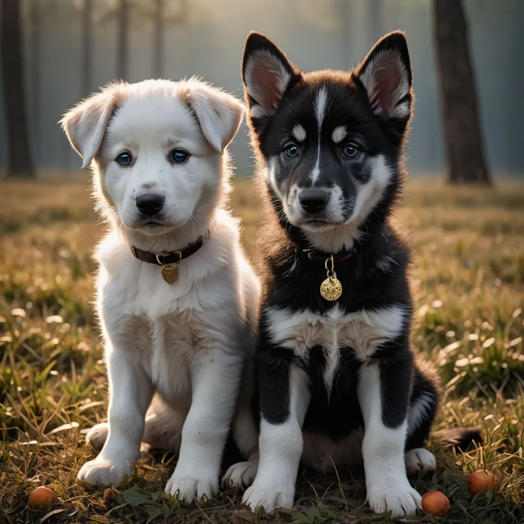 two dogs sitting on the ground in the grass with trees in the background and one dog has a golden tag on its collar, rayonism, a stock photo, Elke Vogelsang, animal photography