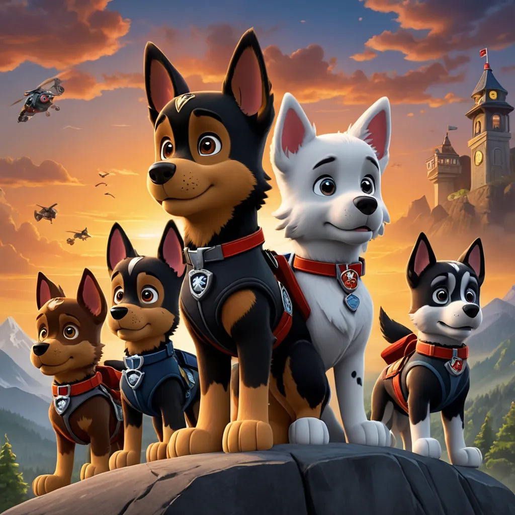 a group of dogs standing on top of a rock in front of a castle and a sunset sky with a plane, sots art, a poster, disney, key art