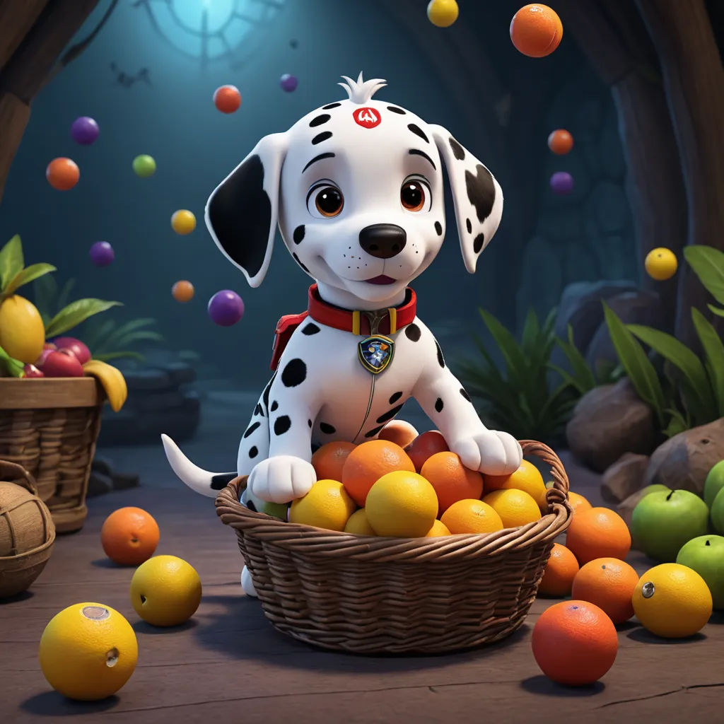 a cartoon dog sitting in a basket of fruit with a bunch of oranges and apples in the background, furry art, an ambient occlusion render, Cedric Seaut (Keos Masons), promotional image