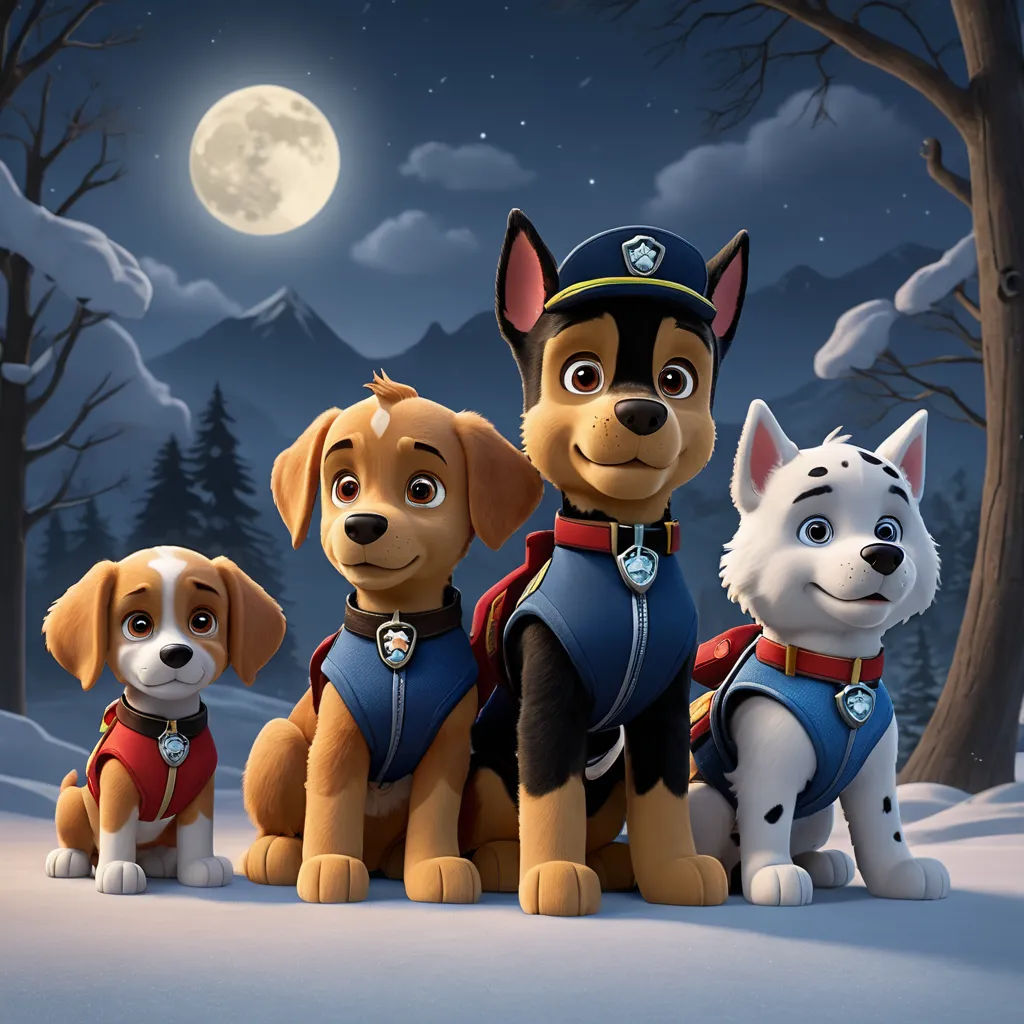 a group of dogs sitting next to each other in the snow with a full moon in the background and trees, furry art, a poster, Felix-Kelly, promotional image