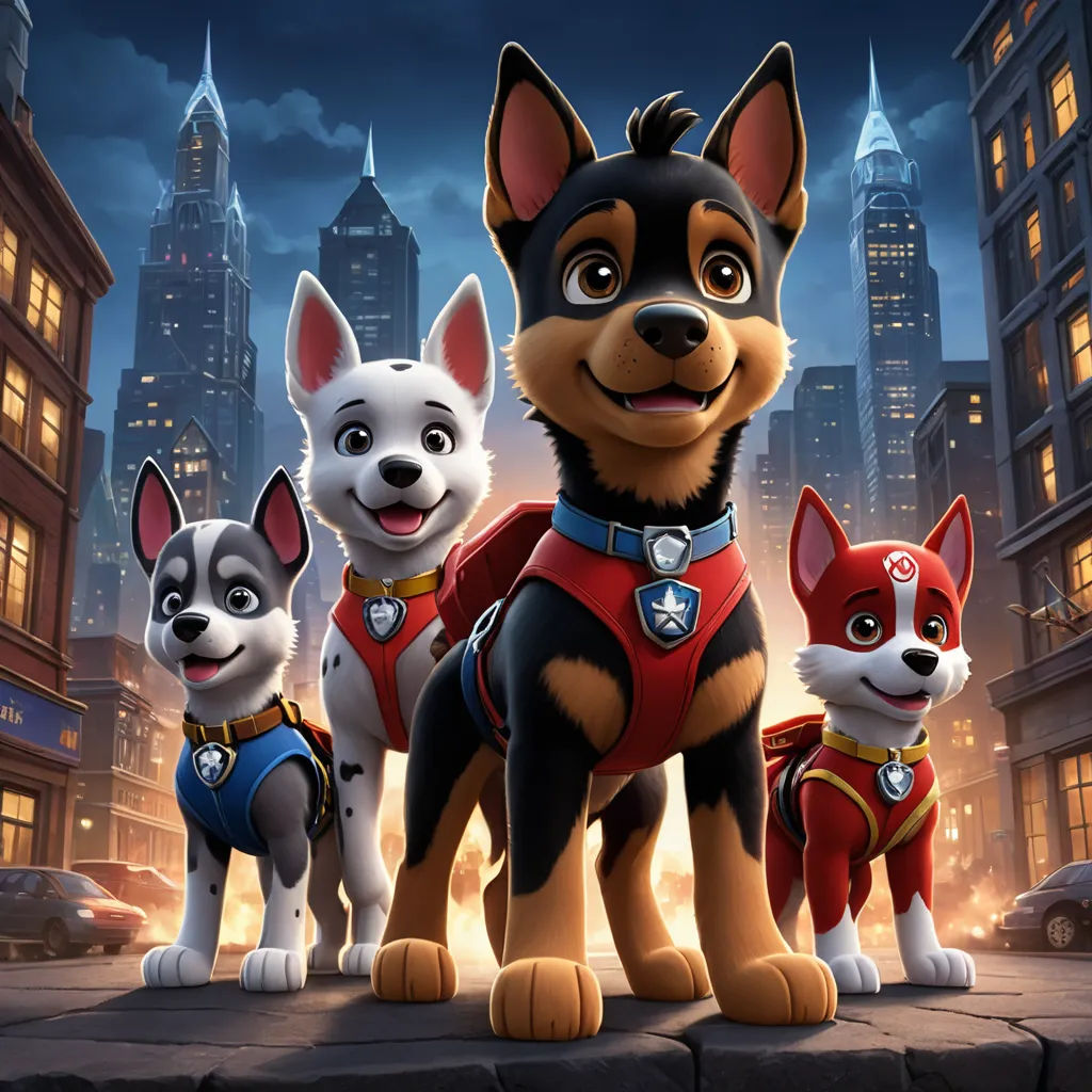a group of dogs standing on top of a sidewalk in front of a city at night with lights on, furry art, a poster, Felix-Kelly, key art