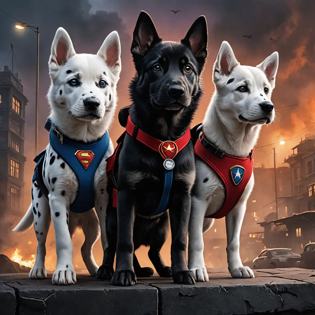three dogs are standing on a ledge in front of a city fire scene with a dog wearing a red vest, furry art, poster art, Altichiero, promotional image