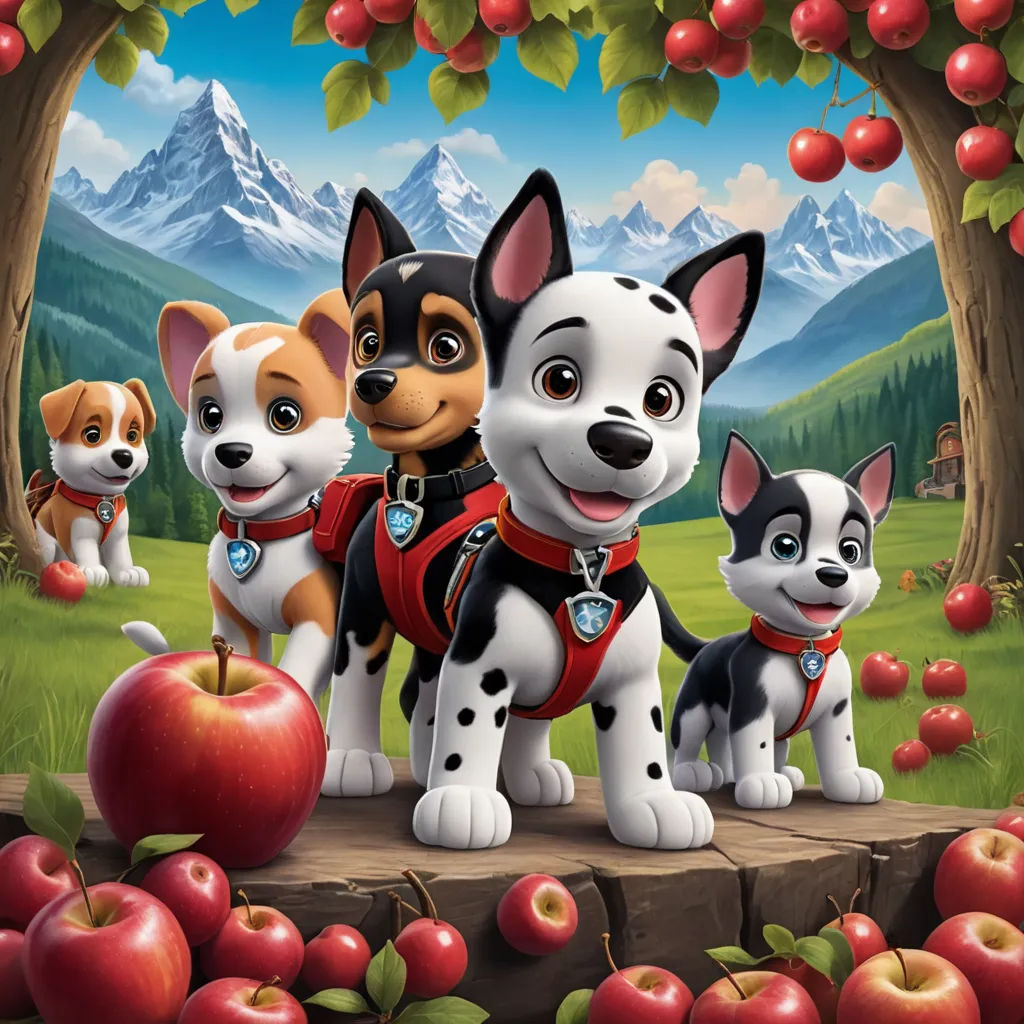 a group of dogs standing next to each other on a field of apples with mountains in the background and a forest full of red apples, furry art, poster art, disney, promotional image