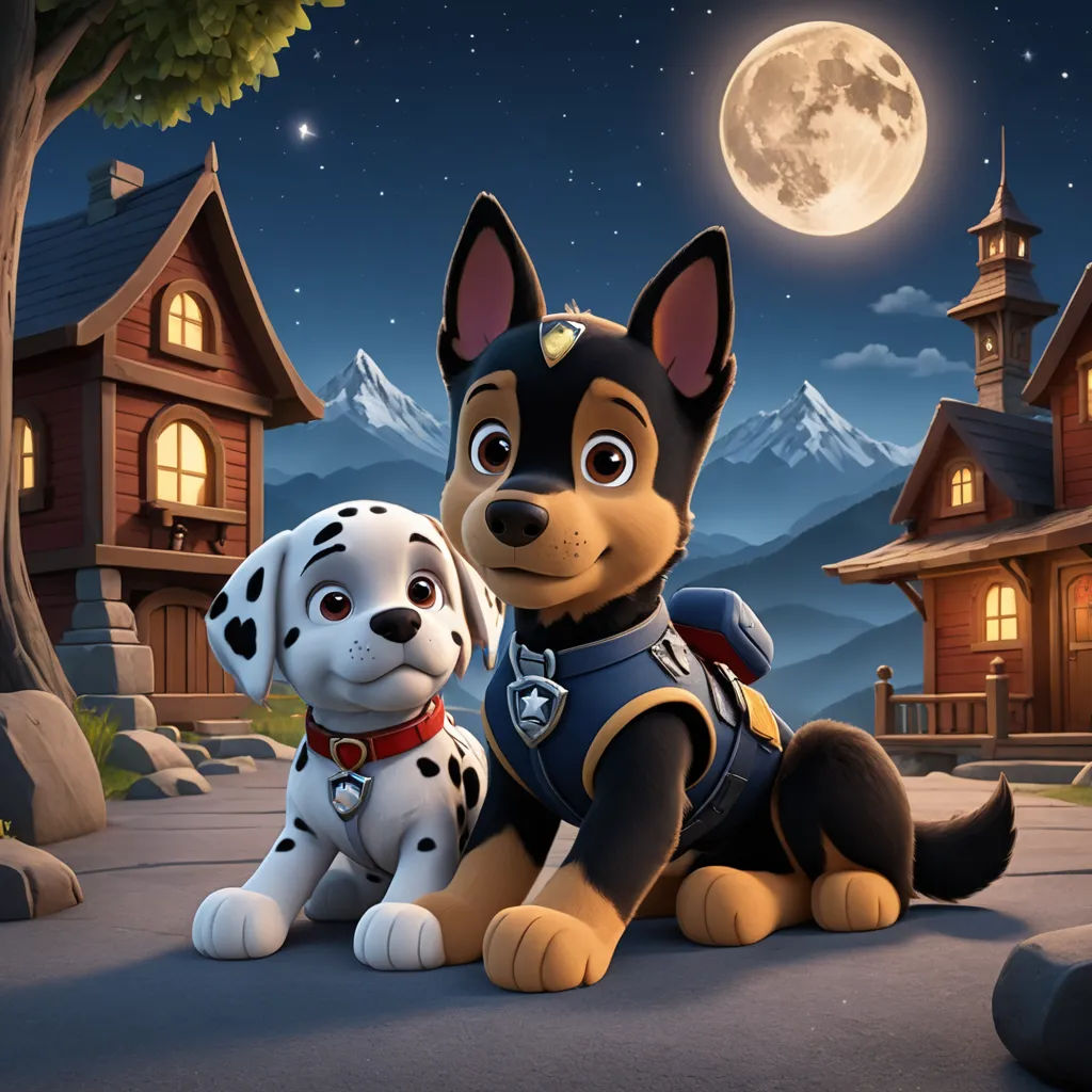 a cartoon dog and a puppy sitting in front of a house at night with a full moon in the background, furry art, concept art, Felix-Kelly, promotional image