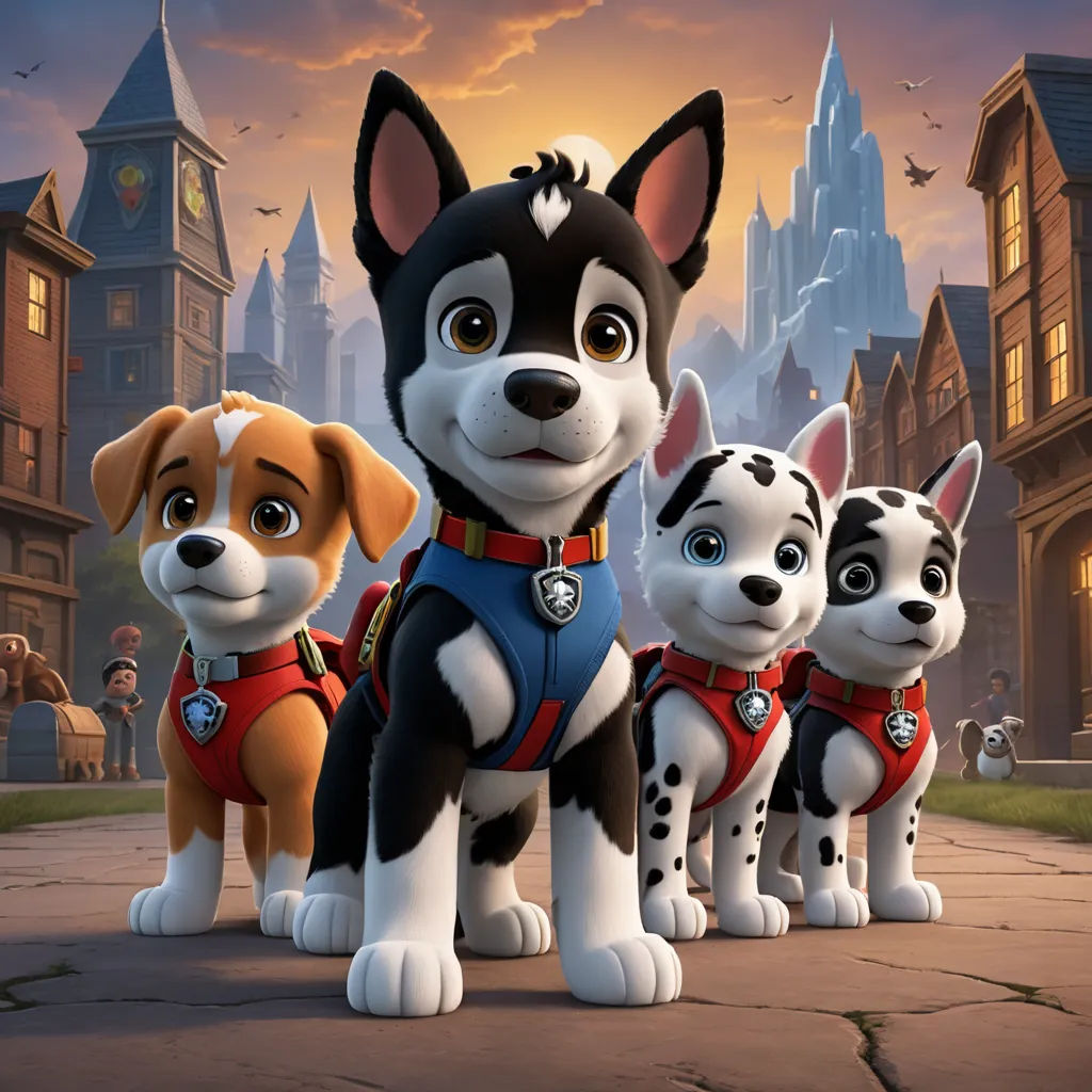 a group of dogs standing next to each other on a street near a castle and a clock tower with a sky background, furry art, a poster, Charles Fremont Conner, key art
