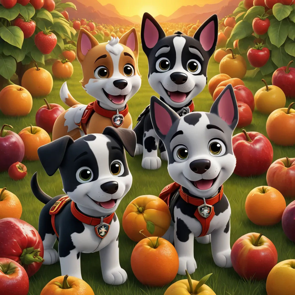 a group of dogs standing in a field of apples and oranges with a dog on the front of the picture, sots art, poster art, Charles Fremont Conner, promotional image