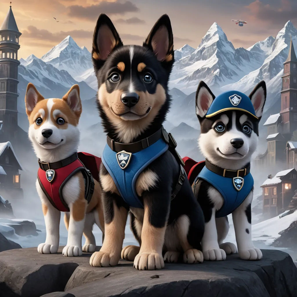 three dogs are standing on a rock in front of a mountain and castle with a sky background and a bird flying overhead, sots art, concept art, Ada Gladys Killins, key art