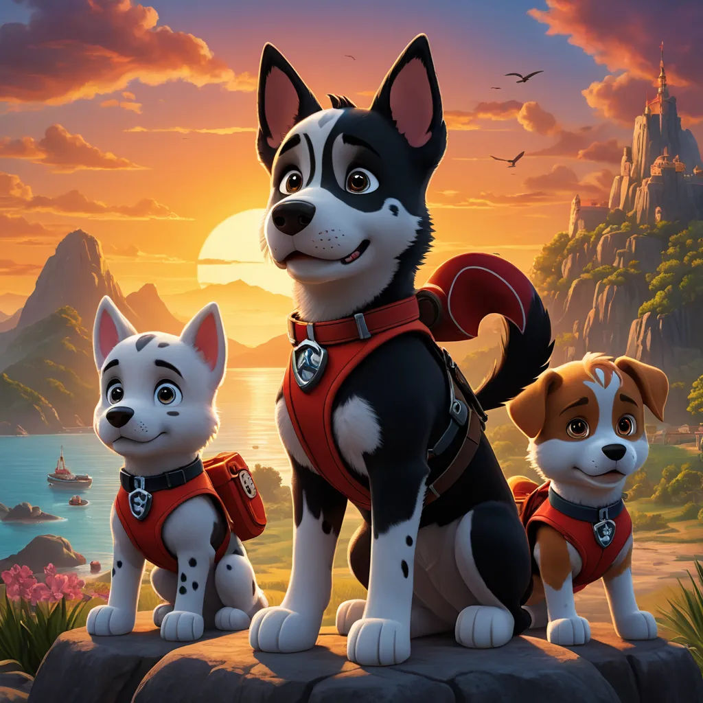 a cartoon dog with two dogs on a rock in front of a sunset and a lake with a boat, sots art, poster art, Cliff Childs, key art