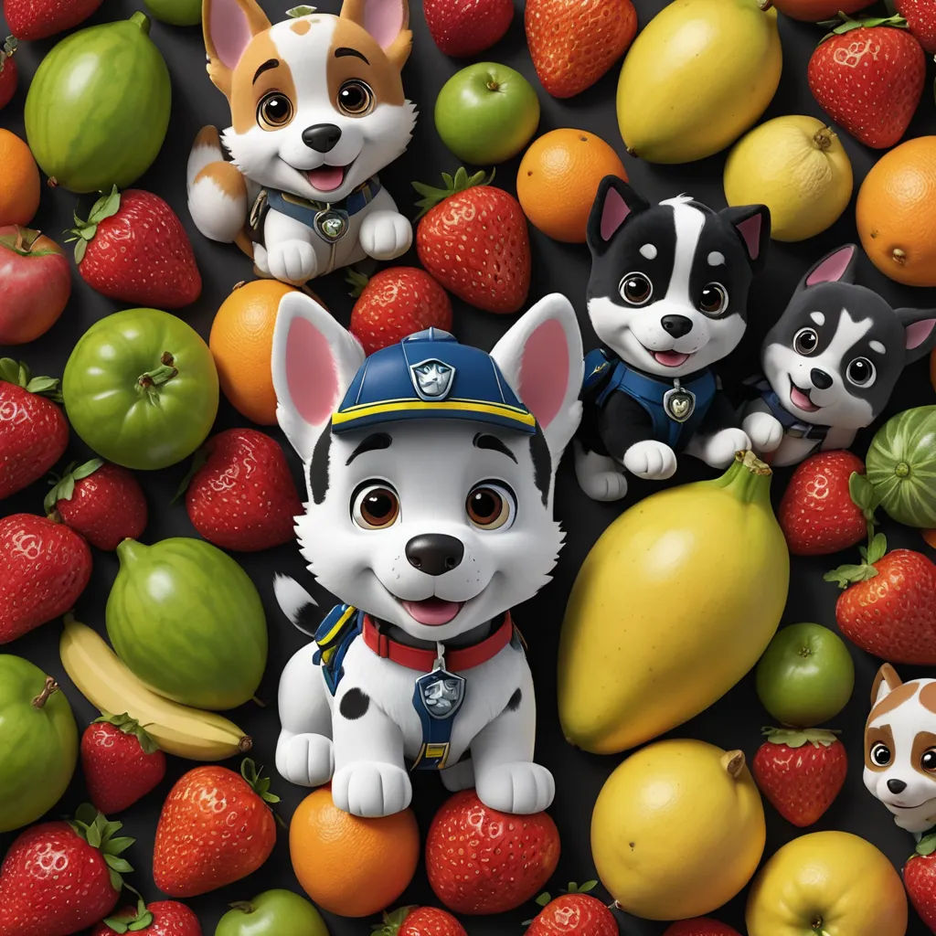 a group of dogs sitting on top of a pile of fruit next to each other on a black surface, sots art, poster art, Felix-Kelly, key art