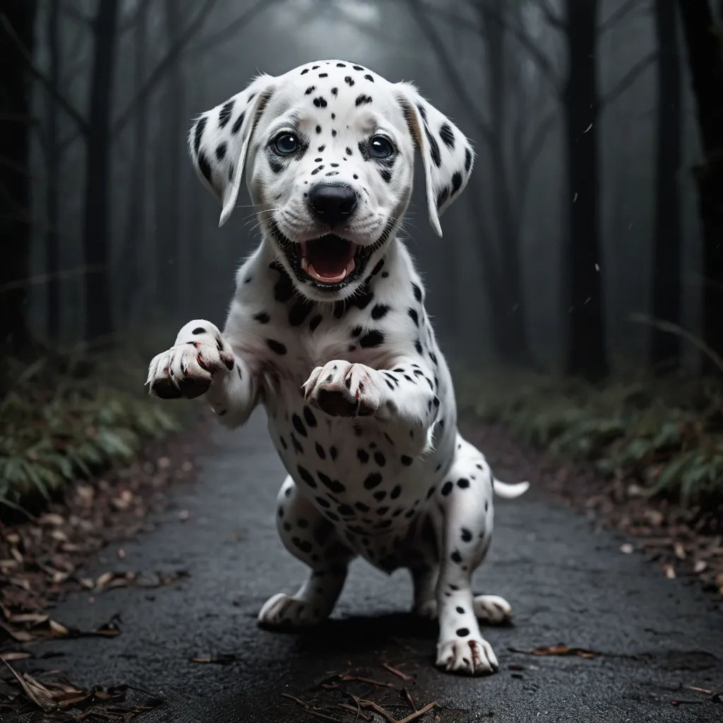 a dalmatian puppy is sitting on its hind legs in the middle of a road in the woods, art photography, a photorealistic painting, Elke Vogelsang, animal photography