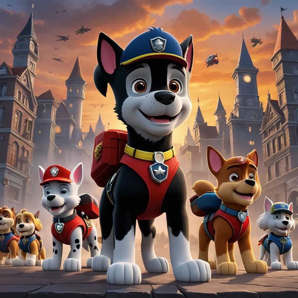 a cartoon dog with a bunch of dogs in front of a castle at sunset with a sky background and a plane flying overhead, furry art, poster art, Felix-Kelly, promotional image