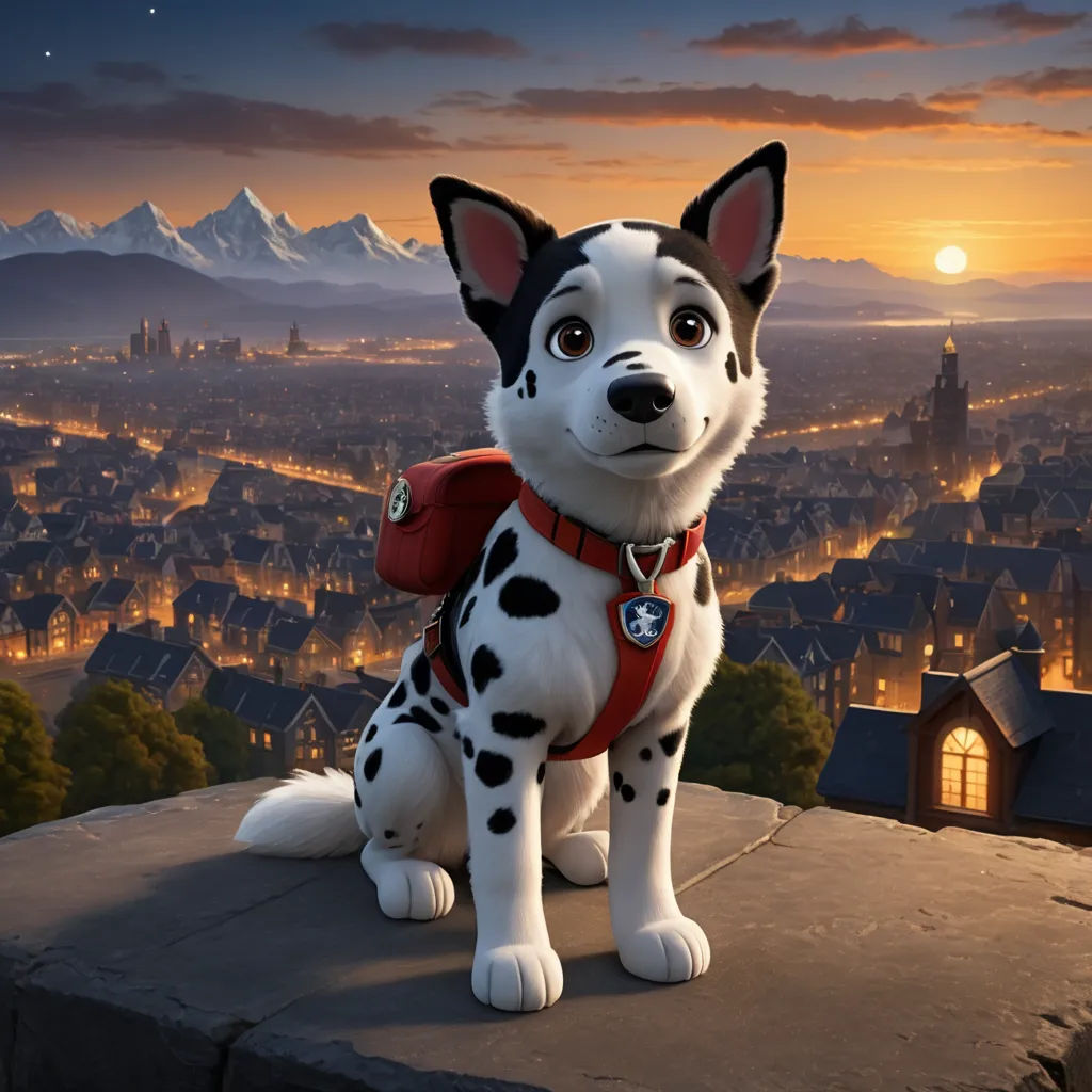 a dalmatian dog with a backpack on top of a building with a city in the background at sunset, furry art, a detailed matte painting, Cliff Childs, promotional image