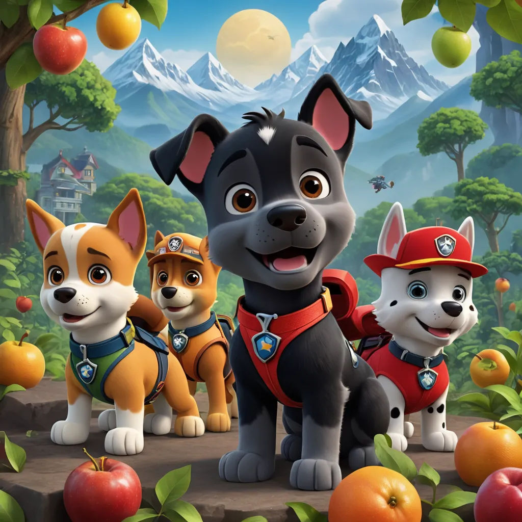 a group of dogs standing next to each other on a forest floor with apples and oranges in the background, sots art, concept art, Edi Rama, promotional image