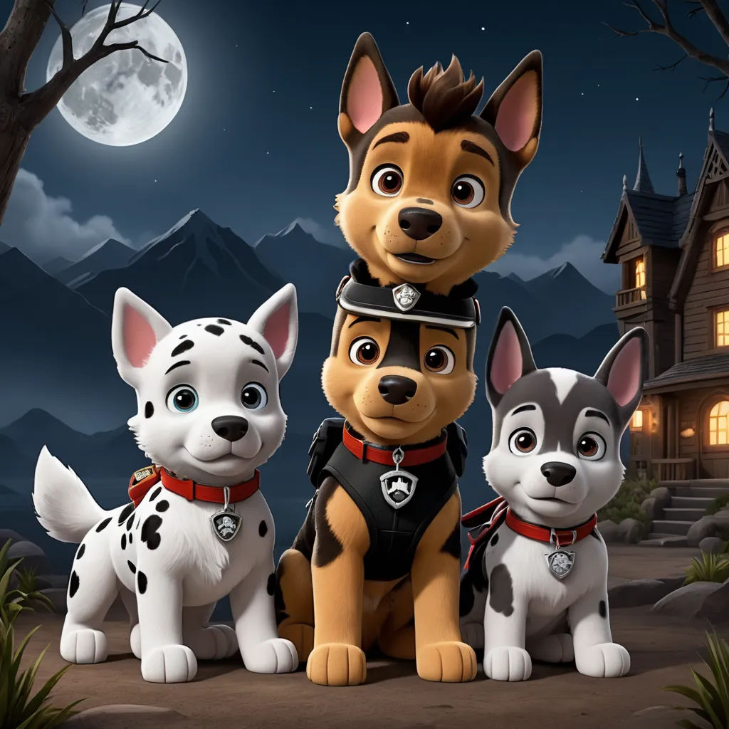 a group of dogs standing next to each other in front of a house with a full moon in the background, furry art, concept art, Charles Fremont Conner, promotional image