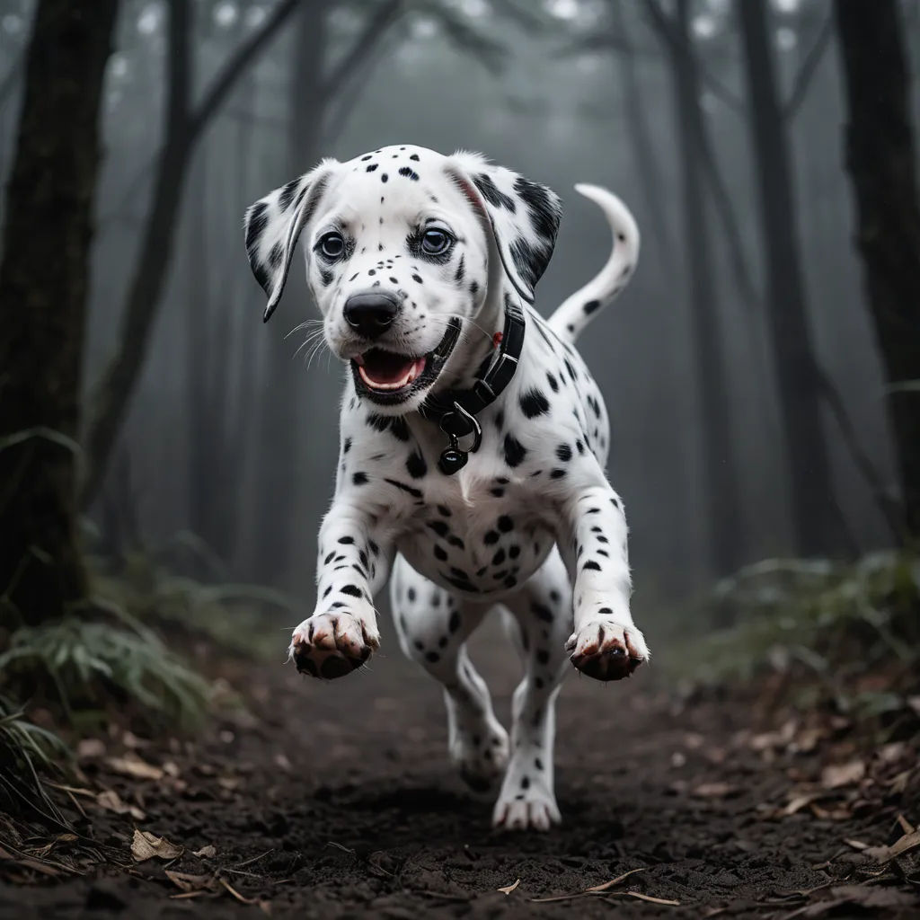 a dalmatian dog running through a forest filled with trees and leaves on a foggy day with its mouth open, art photography, a photorealistic painting, Elke Vogelsang, animal photography