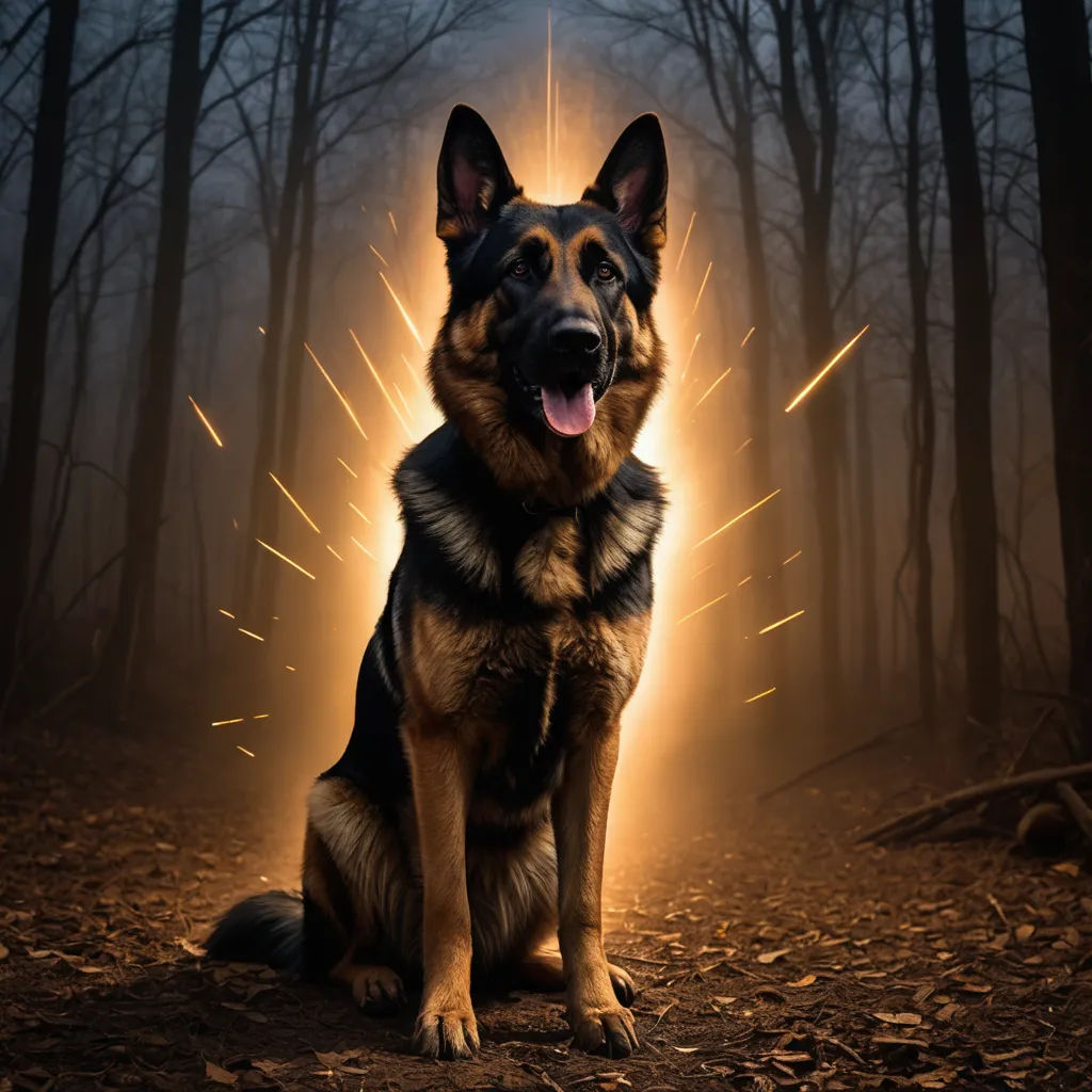 a dog sitting in the middle of a forest with its tongue out and glowing lights coming from its ears, shock art, a digital rendering, Elke Vogelsang, anamorphic lens flare