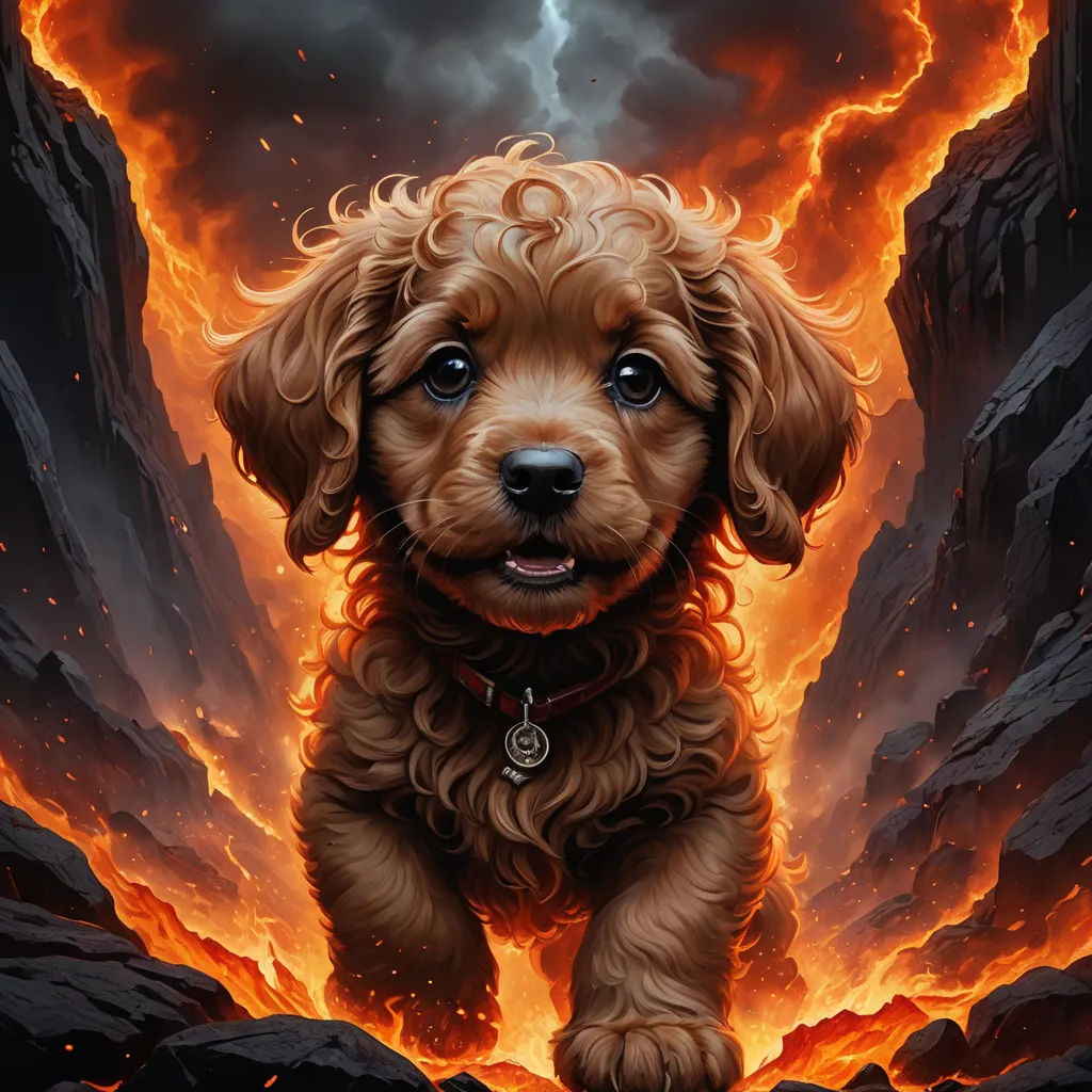 a dog is standing in a cave with flames and rocks in the background and a lightning bolt in the sky, furry art, a hyperrealistic painting, Chris LaBrooy, ultra realistic digital art