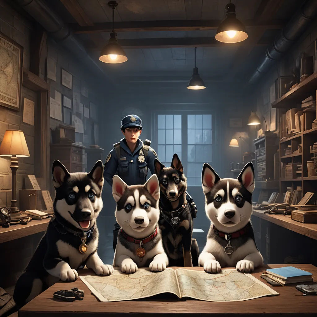 a man standing behind three dogs sitting on a desk in a room with a book and lamp on it, furry art, a poster, Chris LaBrooy, key art