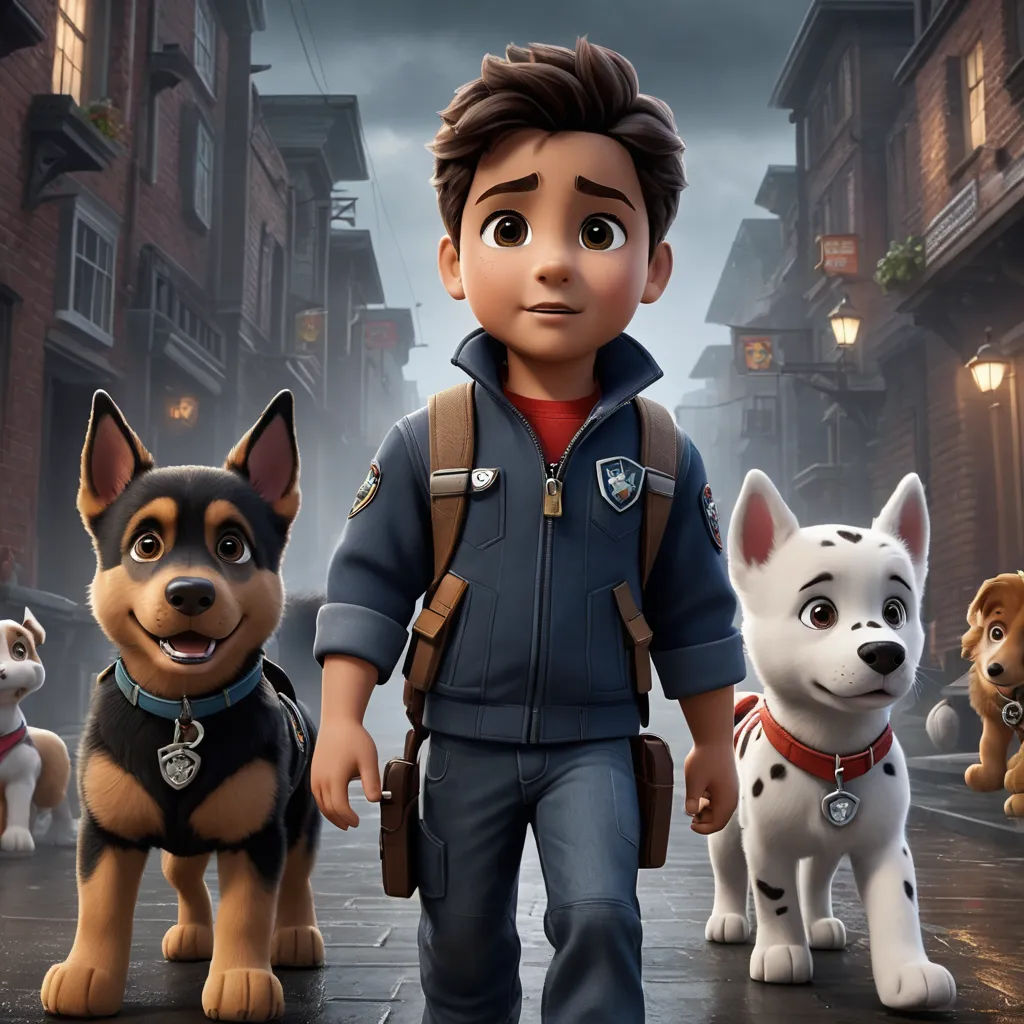 a boy and two dogs are walking down the street in a cartoon scene with a dog in the foreground, furry art, a poster, Felix-Kelly, key art