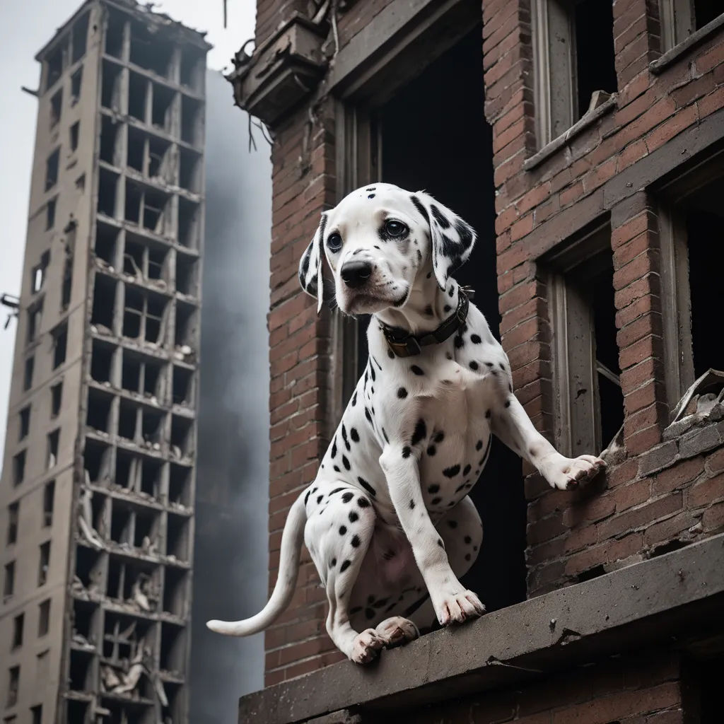 a dalmatian dog sitting on a ledge of a building with a fire escape in the background and a building that has been destroyed, auto-destructive art, a detailed matte painting, Elke Vogelsang, award-winning photograph