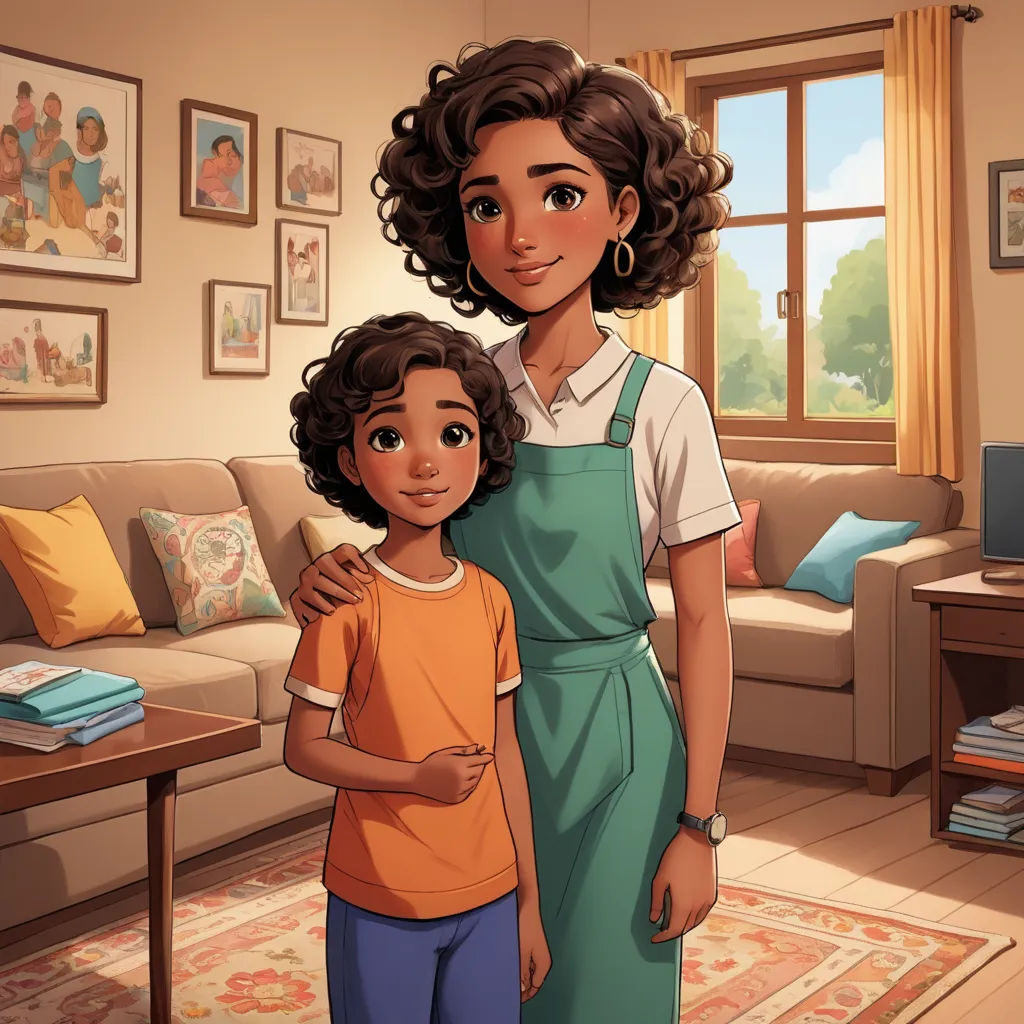 a woman and a child standing in a living room together in front of a couch and a window with pictures on the walls, american scene painting, a storybook illustration, Anthony Devas, official art
