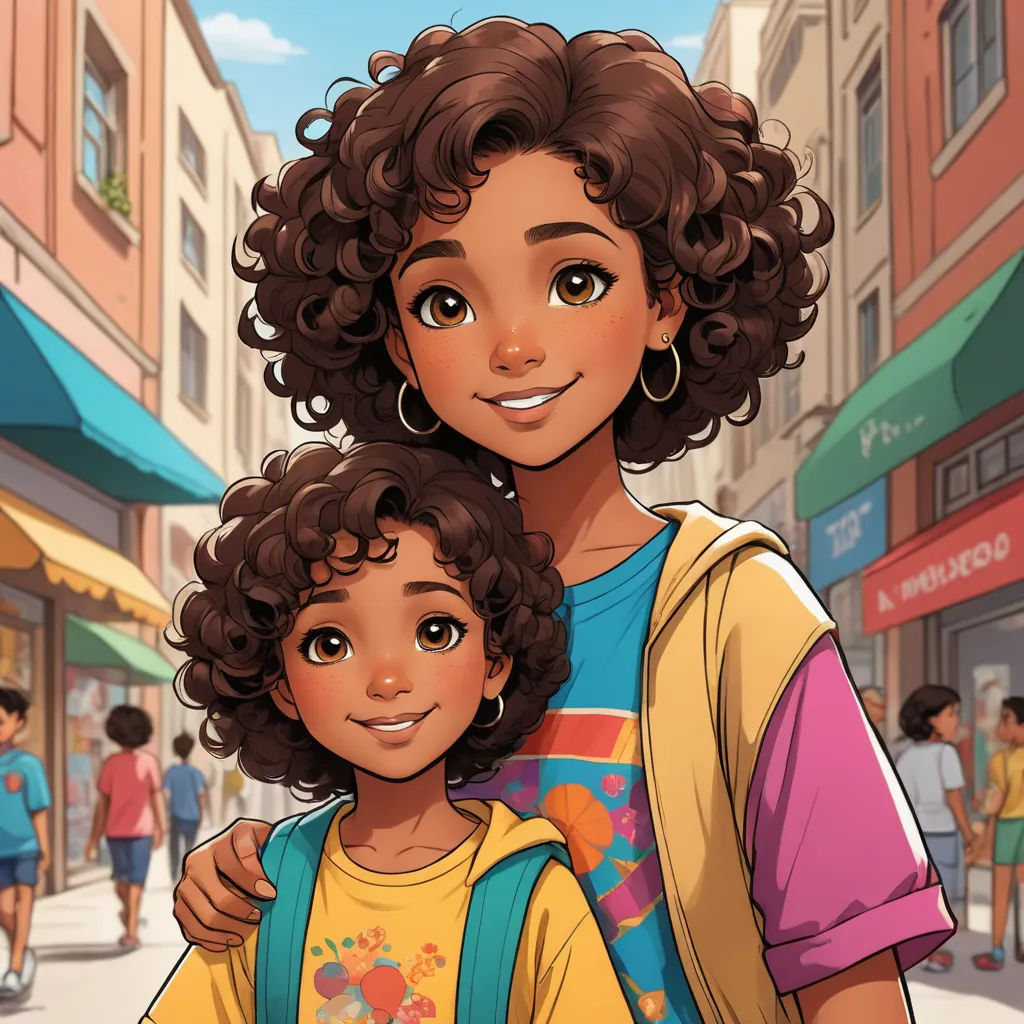 a woman and a child are standing in the street together, with a city in the background and people walking on the sidewalk, lyco art, concept art, disney, comic cover art