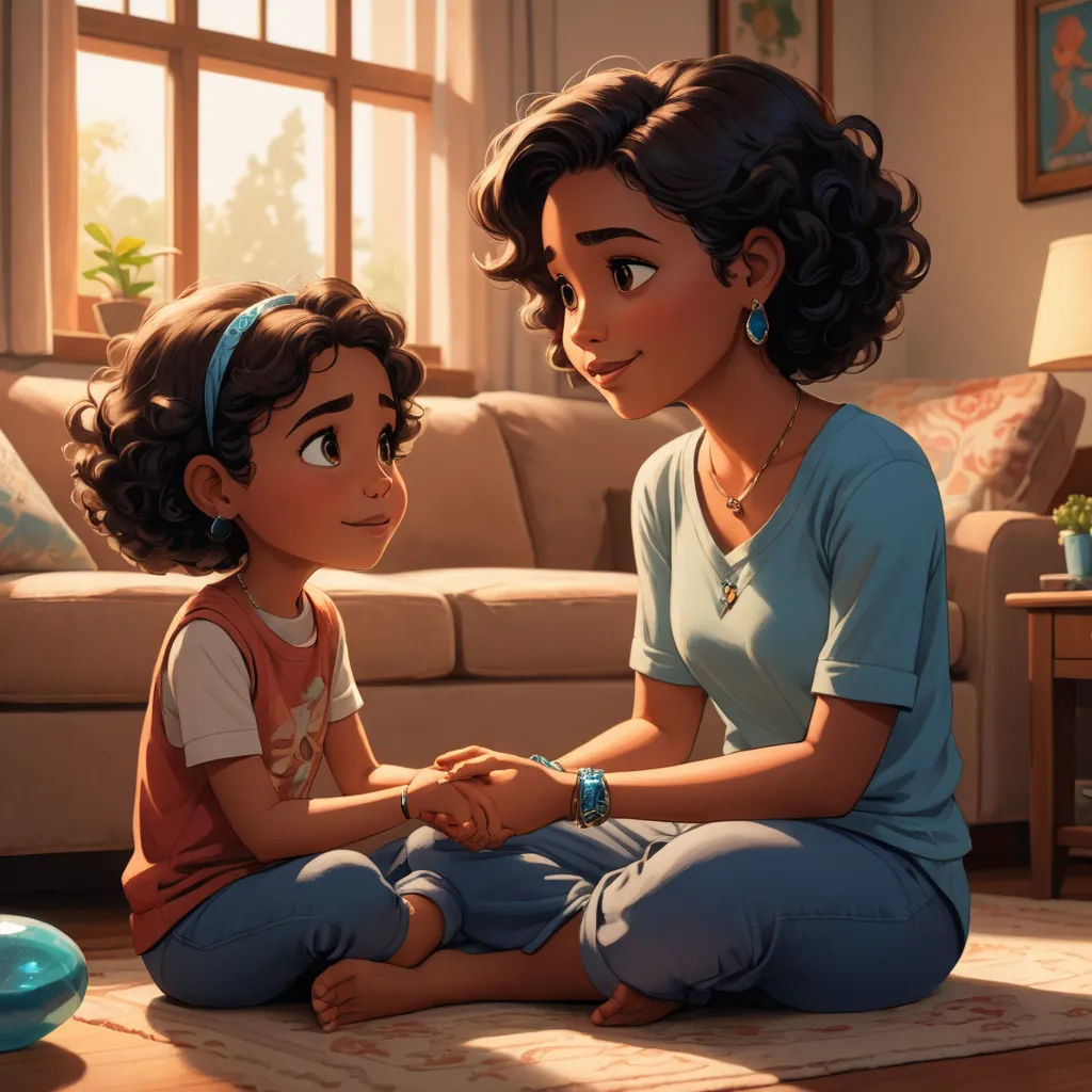 a woman and a child sitting on the floor in a living room together, looking at each other and smiling, sots art, a painting, Chris LaBrooy, cgstudio