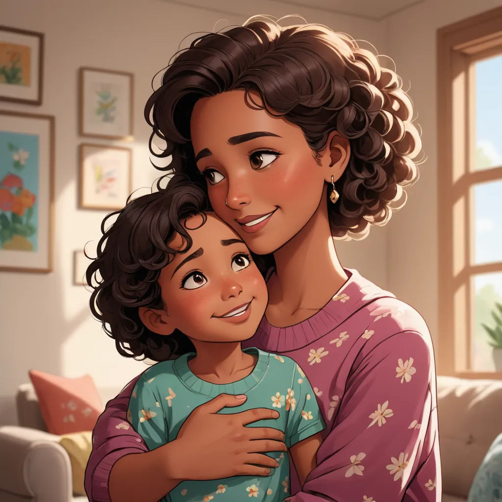 a woman holding a child in her arms in a living room with a window behind her and a couch, sots art, a storybook illustration, Artgerm, pixar style