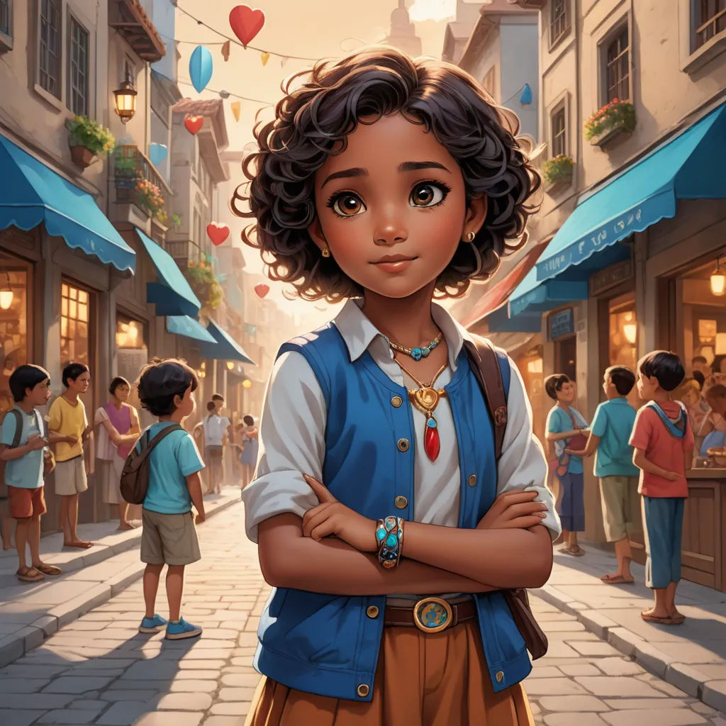 a cartoon girl standing in a street with her arms crossed and people in the background looking on from the sidewalk, magical realism, a storybook illustration, Chris LaBrooy, kinkade
