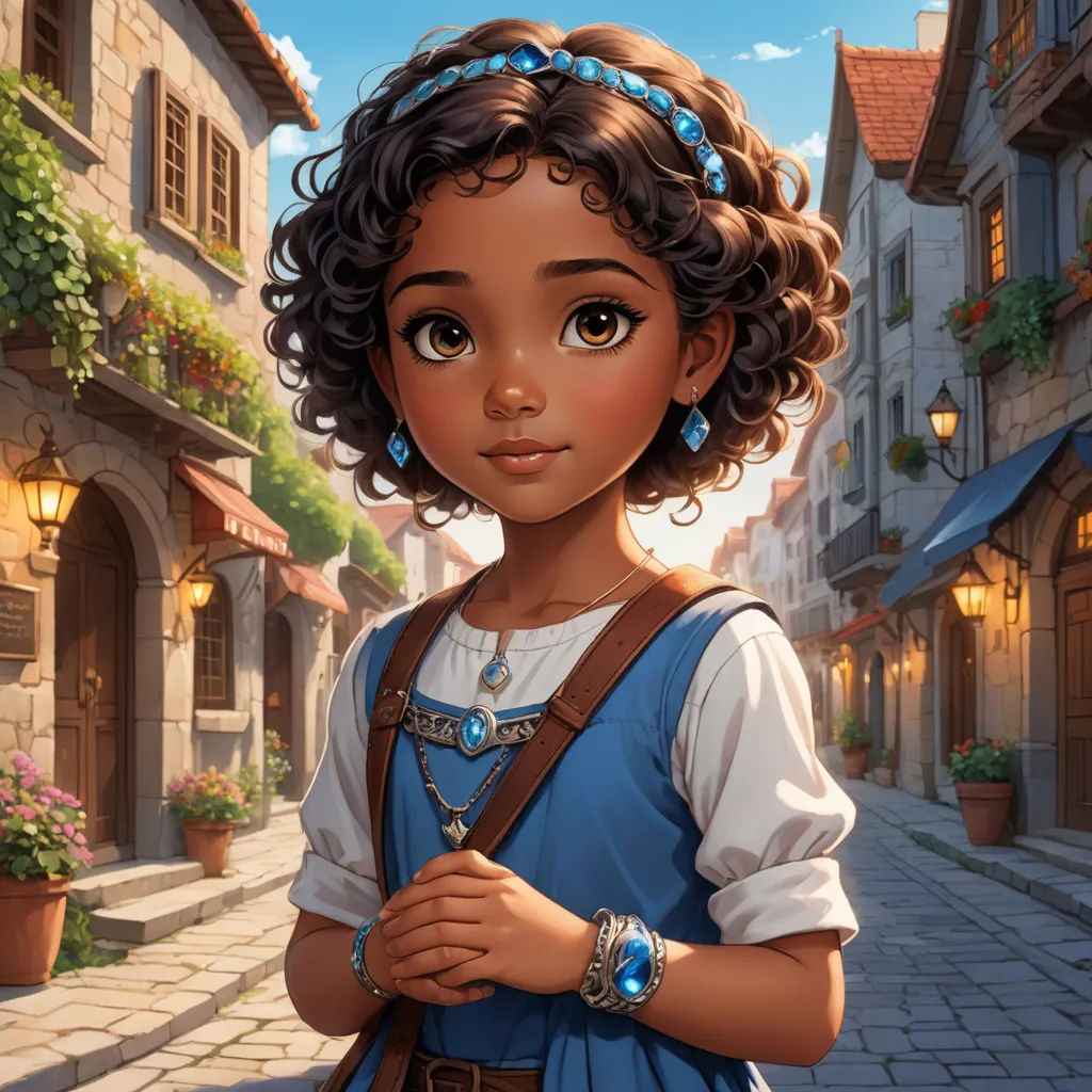 a cartoon girl with a blue dress and a blue necklace standing in a street with a building and flowers, fantasy art, a character portrait, Alice Prin, kinkade
