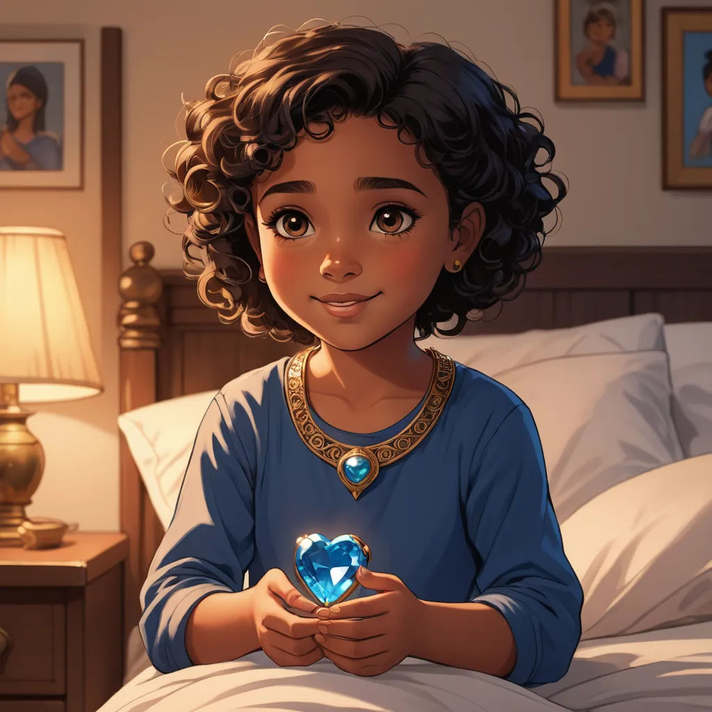 a cartoon girl holding a blue heart in her hands on a bed with a lamp on the nightstand and pictures on the wall, sots art, a storybook illustration, Ella Guru, official art