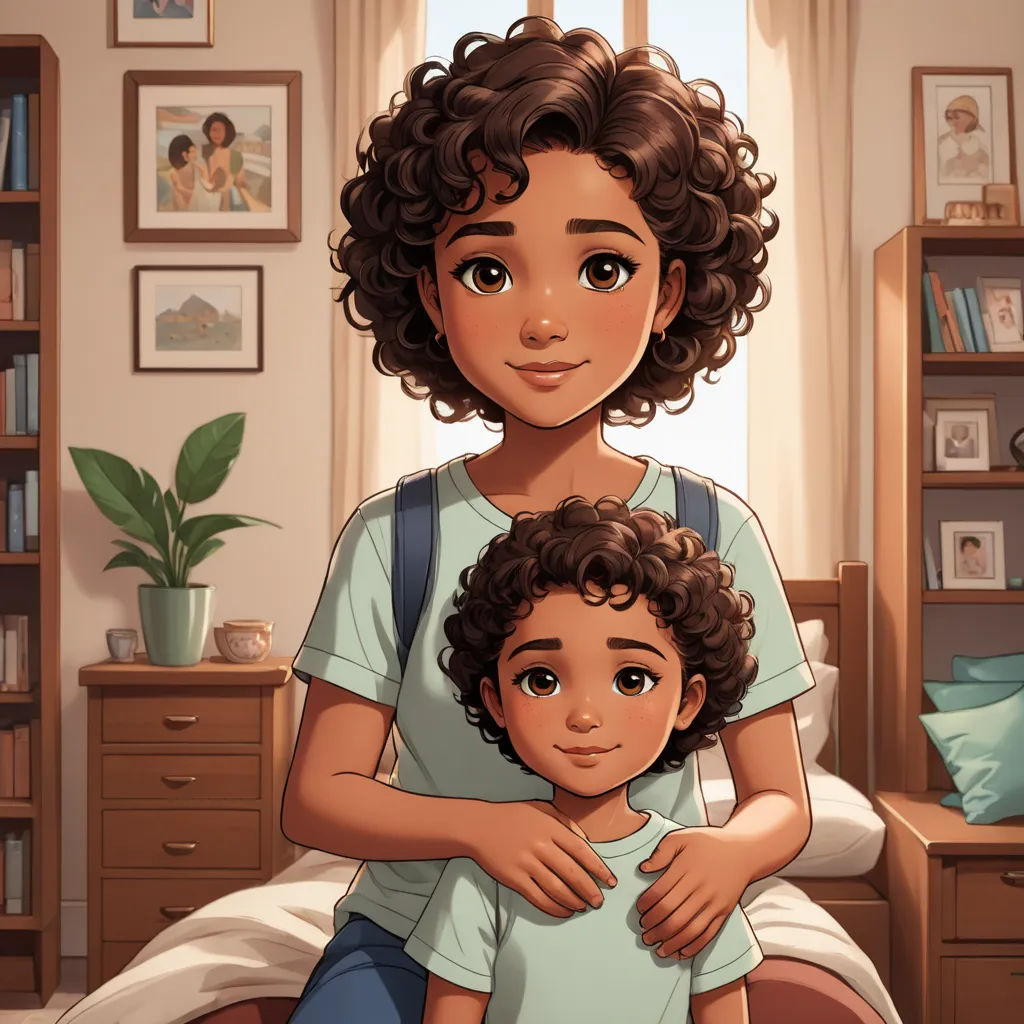 a woman holding a child in a bedroom with a window behind her and a bookcase in the background, sots art, a storybook illustration, Everett Warner, official art